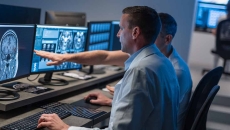 Healthcare workers looking at X-ray on computer monitor