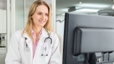A doctor reviewing a patient's record on a desktop computer