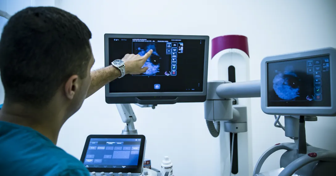 doctor points at an image on one screen at a multi-screen medical station