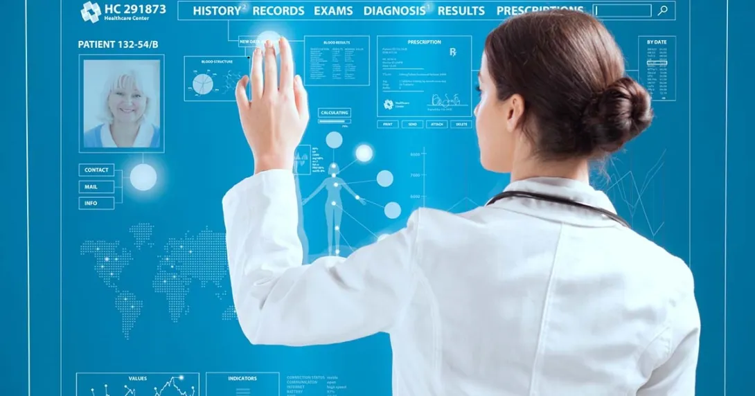 Doctor working on a transparent monitor