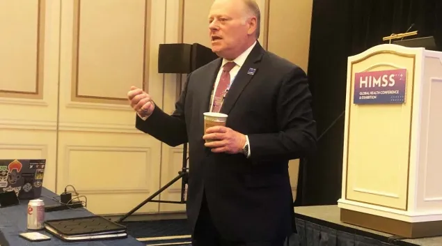 HIMSS President and CEO speaks at a press conference during HIMSS25.