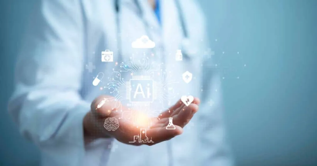 Doctor holding CGI AI icons